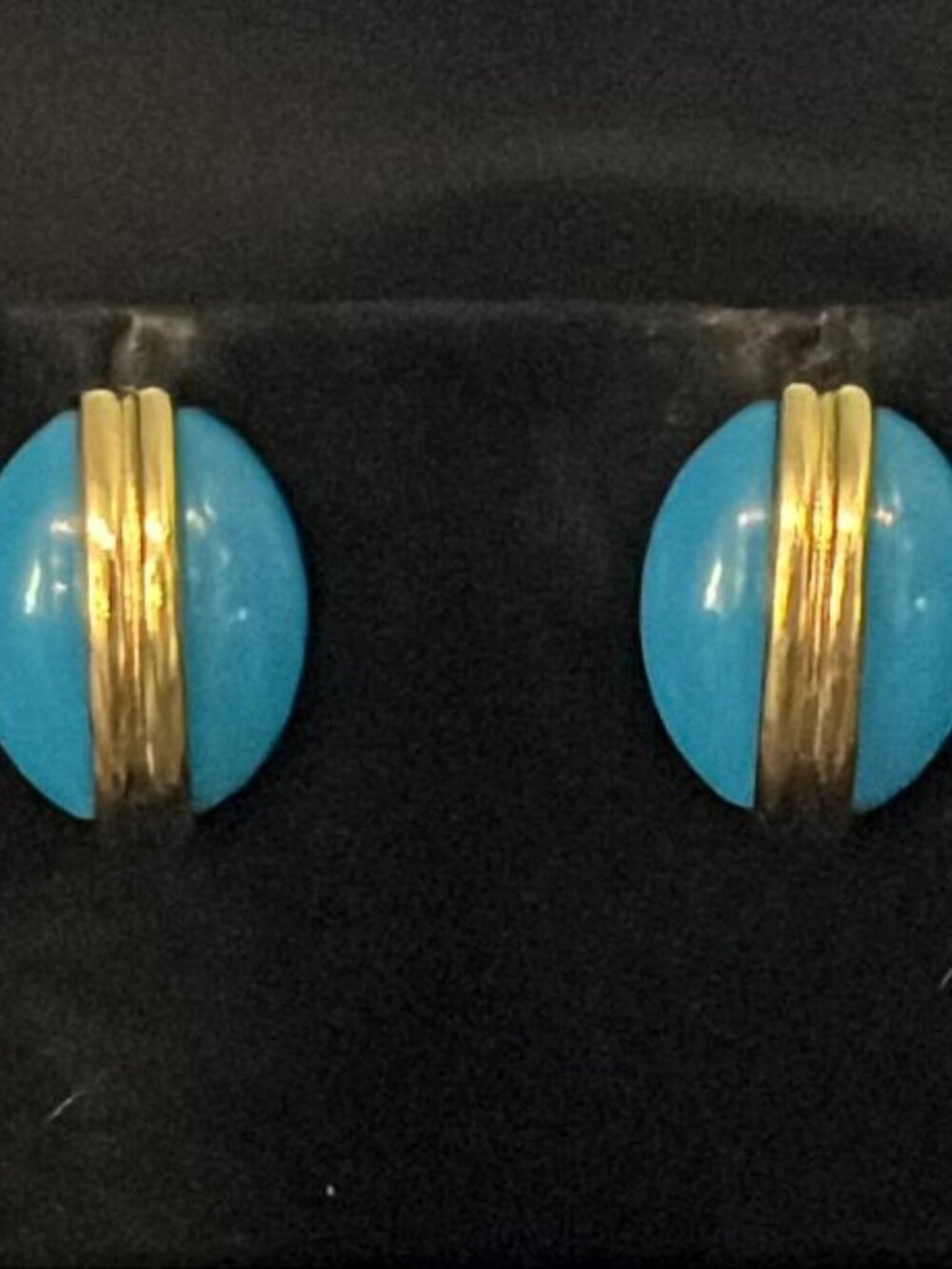 Teal Blue Oval with Gold Tone Vertical Bars Earrings